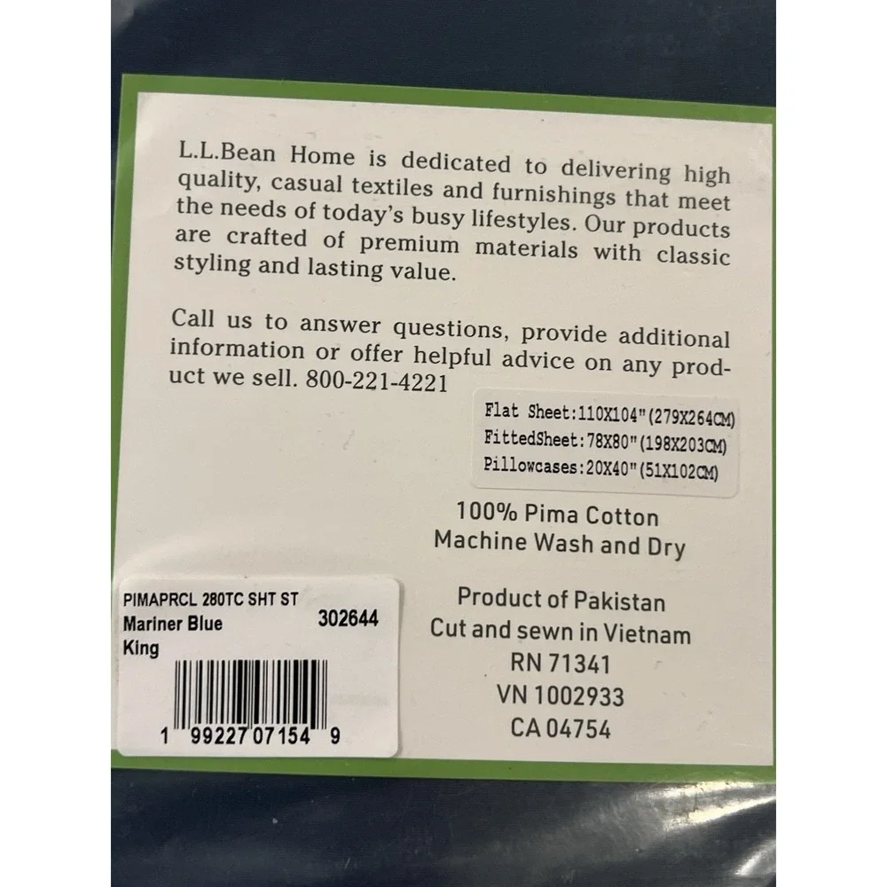 L.L.Bean Pima Percale Bedding 280TC King Sheets Mariner Blue Cotton NEW Navy